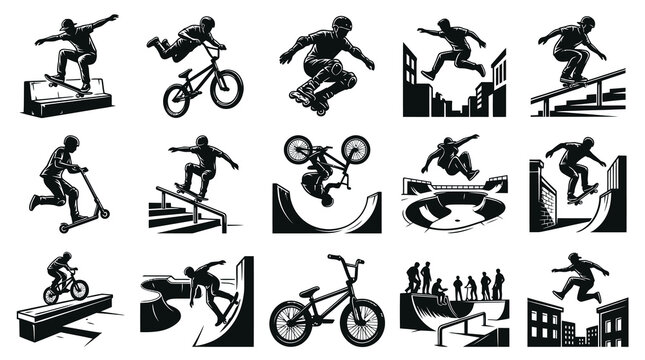 Extreme Action Sports Figures Vector Silhouettes Set: Skateboarding, BMX, Parkour, Scooter, Rollerblading