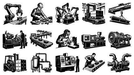 Obraz premium Black White Line Art Industrial Manufacturing Engineering Icons Set: Production, Robotics, Logistics, Machinery.