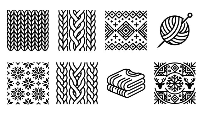 Cozy Knitting Yarn and Winter Textile Patterns Icon Set on Isolated White Background