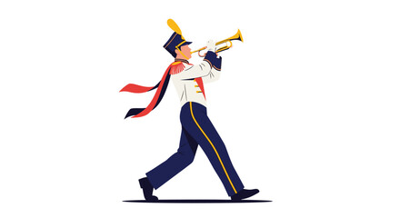Fototapeta premium Talented musician wearing a traditional marching band uniform plays a golden trumpet while walking during a festive parade performance.