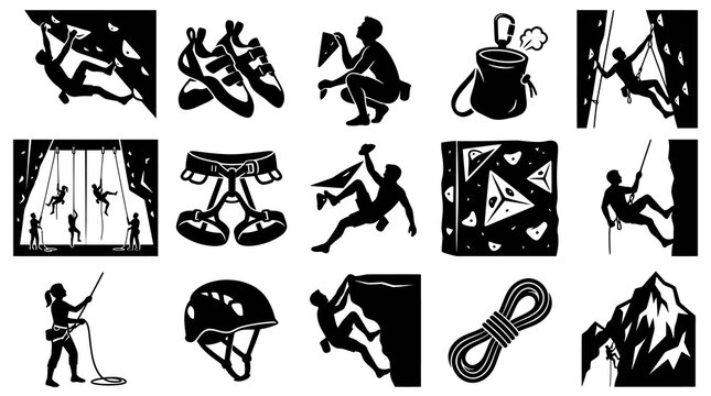 Rock Climbing and Mountaineering Gear  People Silhouette Icons Set. Outdoor Sports Black and White Glyphs Vector.