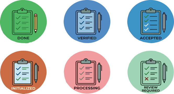 Clipboard Checklist Status Icon Set with Done Verified Accepted Processing Initialized and Review Required Labels