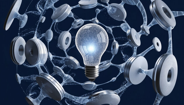 Glowing light bulb surrounded by interconnected metal gears in dark space