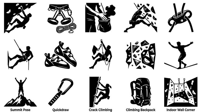 Black  White Rock Climbing  Mountaineering Glyphs Icons Set. Adventure Sport Equipment Silhouettes.