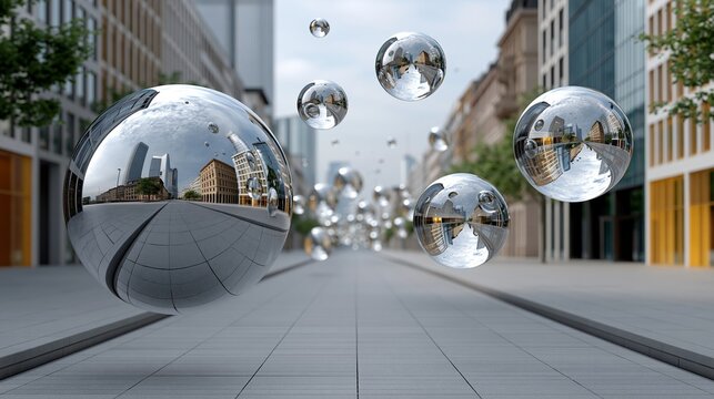 Shiny spheres float above a city street. Reflections mirror buildings and sky inside each sphere. Urban architecture looms in the background. Modern, sleek, and abstract design dominates the scene