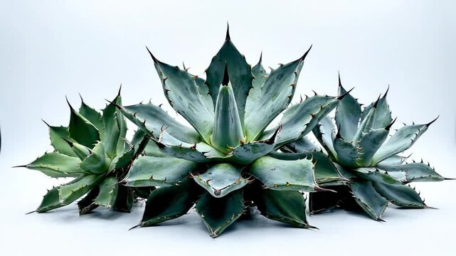 Stunning studio shot of three Agave plants with sharply pointed leaves and formidable spines against a white backdrop.