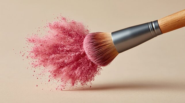 Pink powder explodes from a brush. Soft tones frame the motion. The brush rests mid-action. Ideal for makeup or beauty brands. Captures elegance and creativity. Perfect for ads, editorial