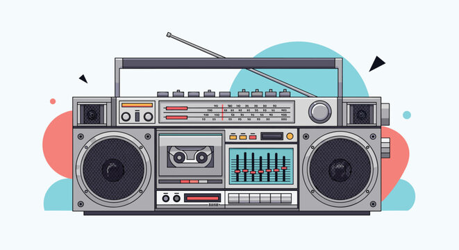 Classic retro boombox radio cassette player is illustrated in a detailed pixel art style with vibrant abstract background shapes.