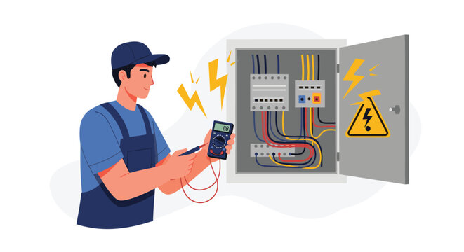 Professional electrician technician wearing a blue uniform uses a digital multimeter to test an open electrical power circuit breaker panel.