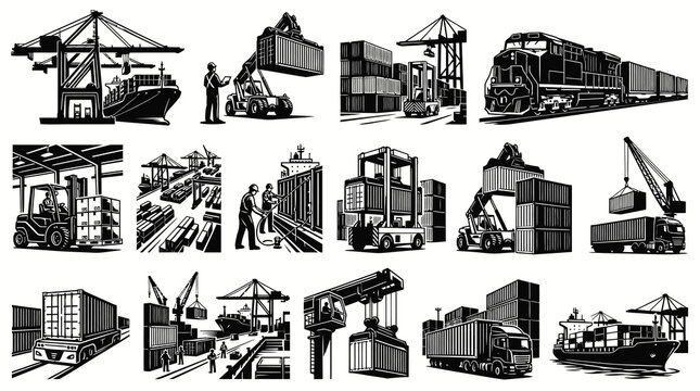 Black and White Line Art Logistics Icons Set: Freight Transportation, Cargo Shipping  Supply Chain Elements