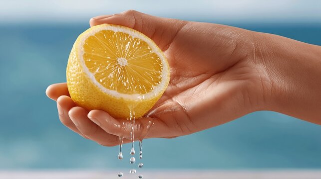 Hand holds fresh lemon, juice drips slowly. Sunlit skin glistens with natural warmth. Ocean waves blur softly behind the hand. Bright yellow fruit pulses with freshness. Perfect for health, wellness