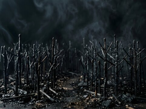 Dark, eerie forest of burnt trees with smoke rising, creating a haunting and desolate atmosphere.