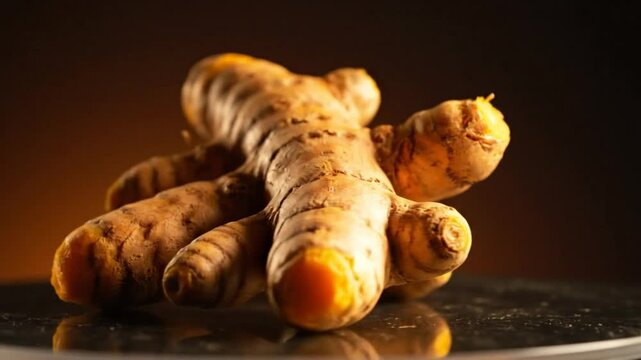 Turmeric root rotating on a dark surface, showcasing its vibrant orange color and texture with detailed close-up shot
