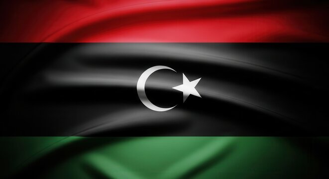 Libyan flag waving in the wind with vibrant colors and fabric texture