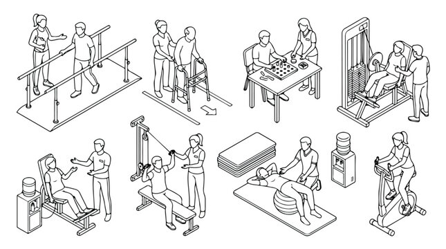 Isometric physical therapy icons set, medical rehabilitation and physiotherapy equipment vector, healthcare clinic exercise and recovery scenes