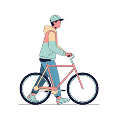 Naklejka premium Man walking with bicycle wearing casual clothing and cap
