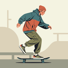 Young man skateboarding with style and focus on a skateboard © MARS