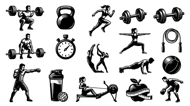 Black  White Fitness and Gym Workout Icons Vector Set - Sport, Health  Exercise Illustrations