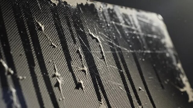 Close up view of distressed black perforated panel with peeling coating and scratches, dramatic studio lighting