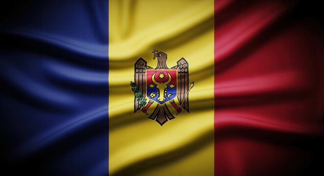 Moldovan flag waving in the wind with vibrant colors and detailed coat of arms