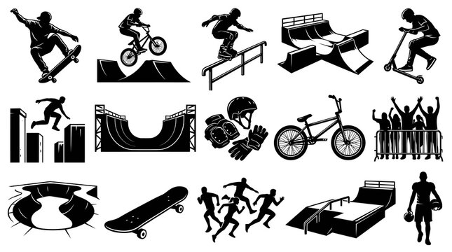 Extreme Sports and Action Sports Vector Icons Set: Skaters, BMX, Scooter, Parkour, Ramps  Gear Silhouettes