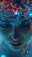 Fototapeta premium Woman's mind is being controlled and hypnotized through a digital visualization of brain waves and psychological manipulation. The idea of a subconsciously influenced and brainwashed mind is a surreal