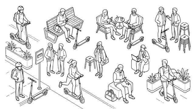 Isometric people with electric scooters vector set, urban lifestyle characters in line art style, modern city transportation and outdoor activities