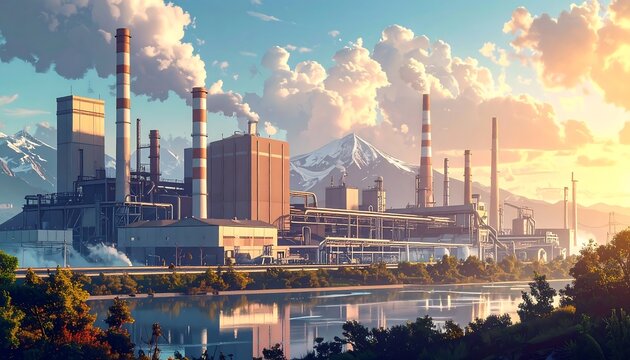 Industrial factory complex emits smoke near serene lake and snow-capped mountains at sunrise