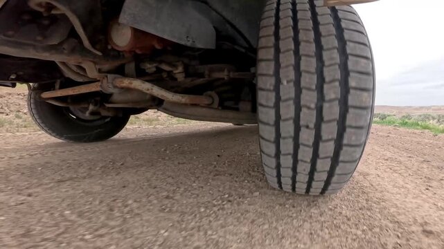 Vehicle's front tire rests on dirt