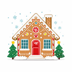 Fototapeta premium Gingerbread House with Christmas Trees and Snowflakes