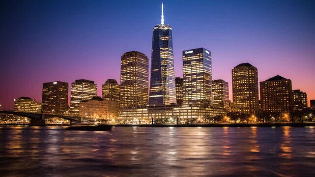New York City Skyline at Dusk Showing Skyscrapers and Sparkling Reflections on the Water