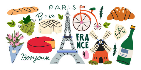 Welcome to France vector elements in cartoon style. French landmarks, culture, food, Eiffel Tower, croissant, wine, cheese. Romantic French vacation and sightseeing collection © luamor