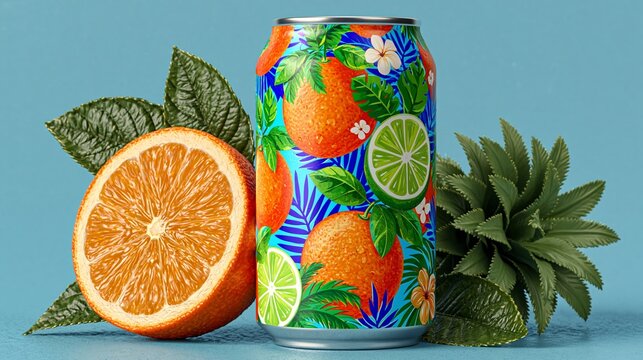 Vibrant can wraps in tropical fruits and leaves. Half orange and lime slice beside it. Fuzzy pineapple leaf completes the scene. Bright blue background adds calm contrast