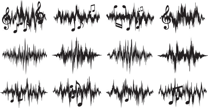 Sound wave, music waveform, audio signal icons, vector graphics