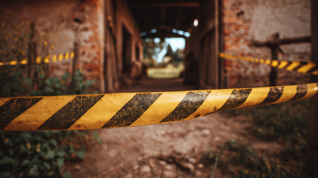 Yellow and black caution tape stretched across a deteriorating rural building entrance, hantavirus infection warning and quarantine concept
