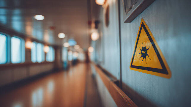 Yellow triangular virus warning sign on a cruise ship corridor wall with blurred interior background, hantavirus public health alert concept
