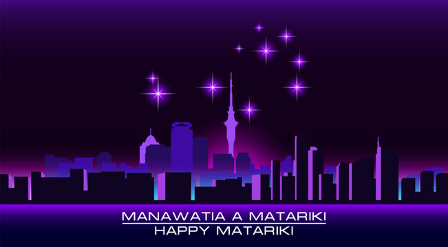 Vector modern dark purple silhouette of festive night city with towers and skyscrapers. Bright glow. Radiant stars. Pleiades. New Zealand. Happy Maori New Year Matariki. Greeting card. Respect and ven