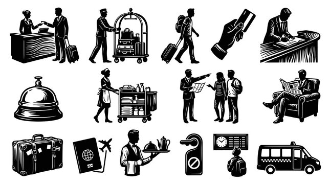 Vintage Monochrome Hospitality Travel Icons Set. Hotel and Tourism Service Elements Collection.