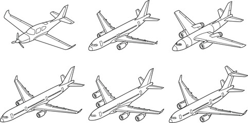 Collection of airplane silhouettes including jet aircraft and propeller planes in various angles for aviation design, travel, and transport themes © urmilarani