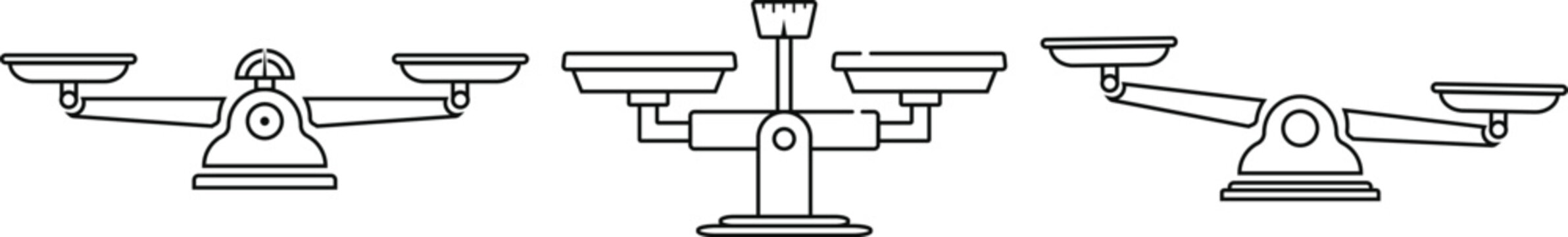 Hand Drawn Balance Scale Icons Set Vector Illustration, Justice and Equality Line Art Collection.