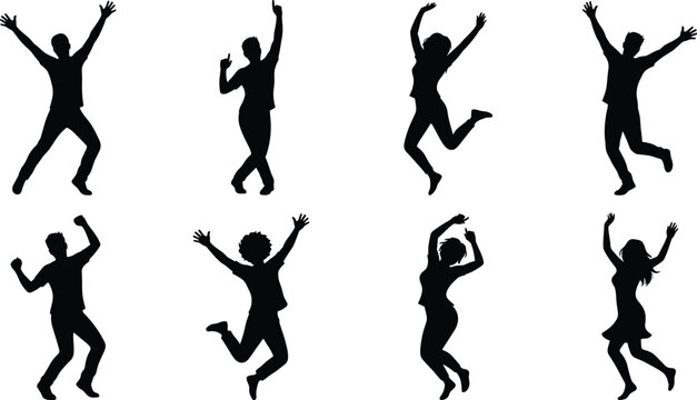 Energetic Dancing People Silhouette Collection Featuring Jumping and Celebration Poses for Party, Festival, Fitness, and Entertainment Design