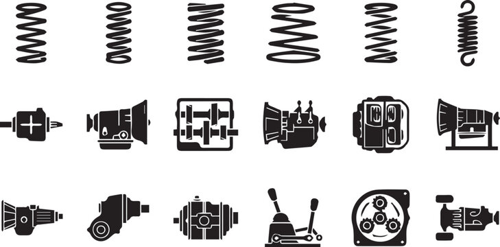 Automotive Clutch Springs and Gearbox Icon Set, Transmission System Silhouettes
