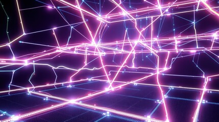 Fototapeta premium Abstract neon grid. Bright lines intersect over dark background. Futuristic digital network visualization. Complex connections, glowing patterns.