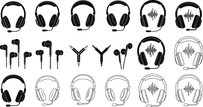 Audio device icon collection, headphones earbuds jack artwork design, sound motif concept, communication theme style, flat vector illustration