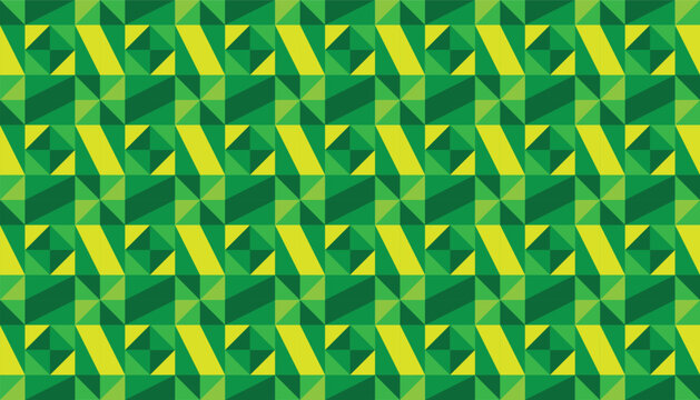 Abstract 3D geometric seamless pattern with green and yellow triangles. Modern low poly vector background.