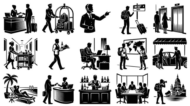 Black and White Vector Icons: Hotel and Travel Scenes for Hospitality Industry