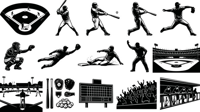 Baseball Vector Icons: Players, Field, Stadium, Scoreboard  Fans - Black  White Art
