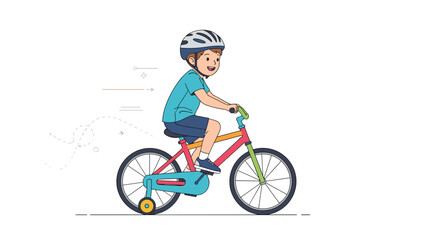 Fototapeta premium Young boy wearing a safety helmet riding a bicycle with training wheels, shown in a dynamic motion to encourage active outdoor play.