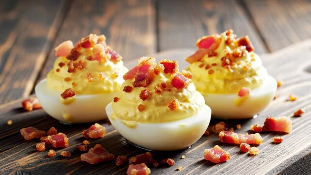 Savory deviled eggs topped with crispy bacon on a wooden cutting board perfect for a delicious snack or appetizer