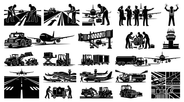 Airport Operations Vector Silhouette Icons Set: Aviation Staff, Ground Support Vehicles, Airplanes, Runway